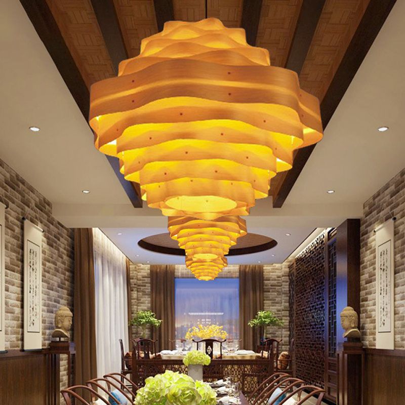 1 Head Dining Room Pendant Lamp Asia Beige Hanging Light Fixture with Tiered Wood Shade