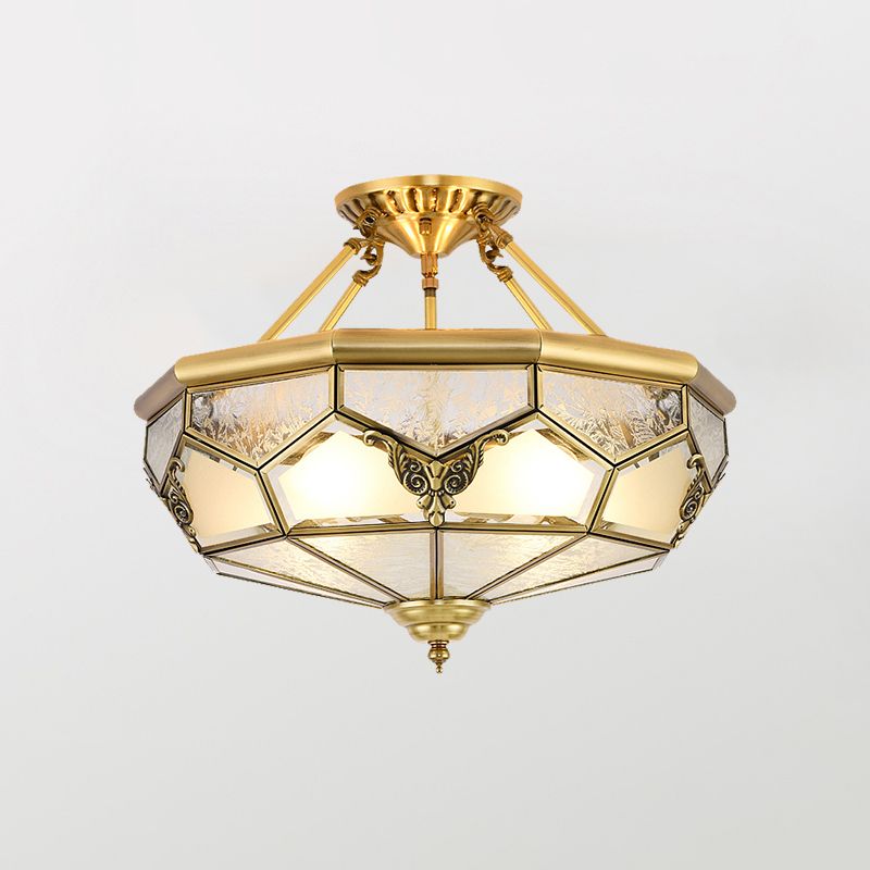 Bowl Shaped Frost Glass Flush Mount Lighting Classic Bedroom Semi Flush Chandelier in Gold