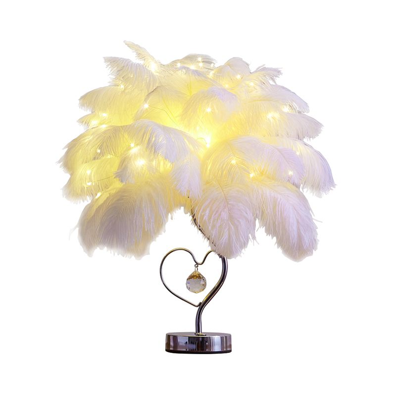Table de plumes de palmier Éclairage d'éclairage moderne de table de chevet rose romantique / blanc à LED avec goutte de cristal K9