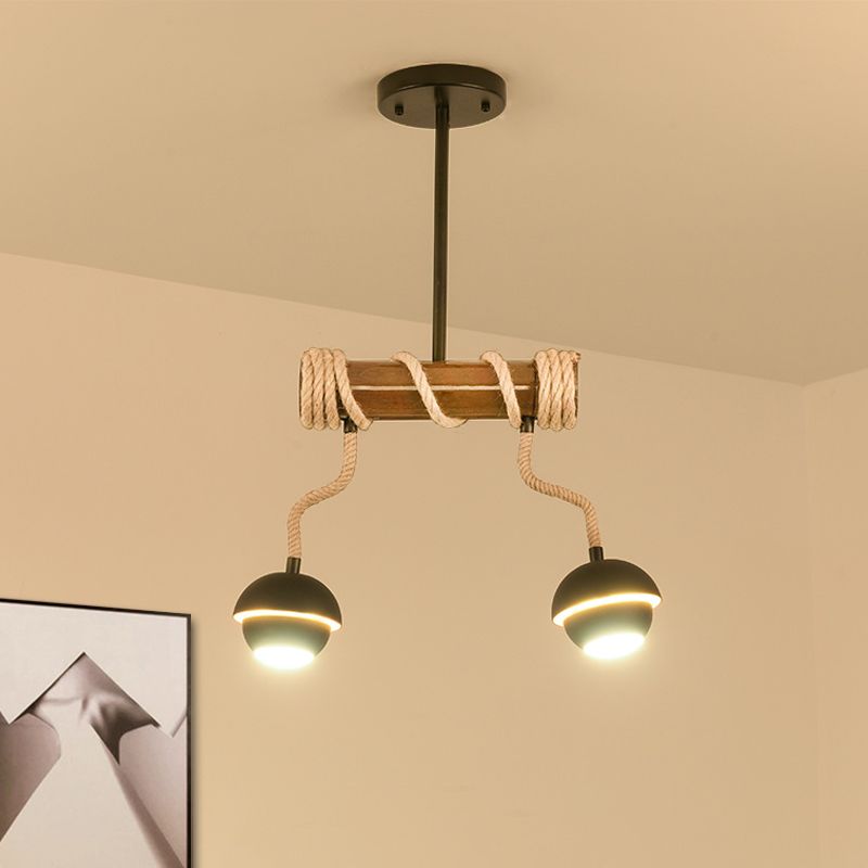 Industrial Linear Island Chandelier 2/3/6 Bulbs Iron Pendant Lamp in Black with Bamboo Tube and Rope, Warm/White Light