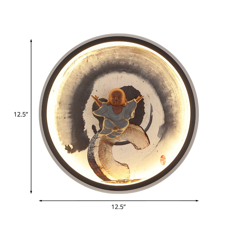 Asian Buddha Boy Mural Lamp Aluminum Bedroom LED Wall Mounted Lighting with Halo Ring in Black