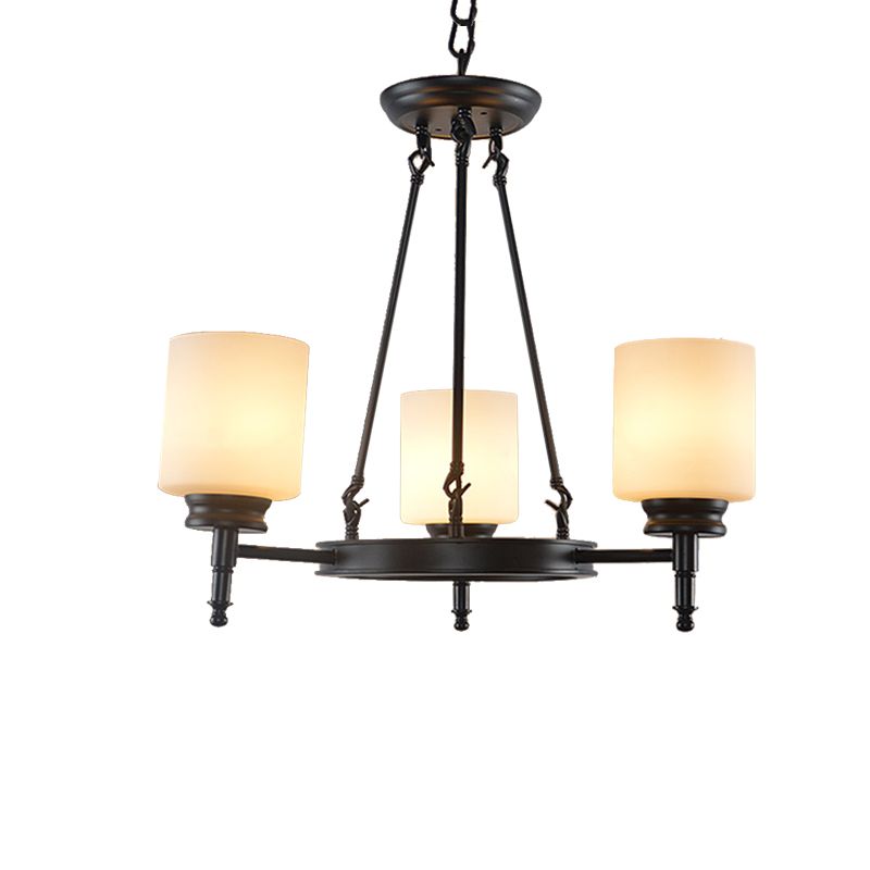 3/6 Lights Frosted Glass Chandelier Traditional Black Wheel Dining Room Hanging Ceiling Fixture with Cylinder Shade