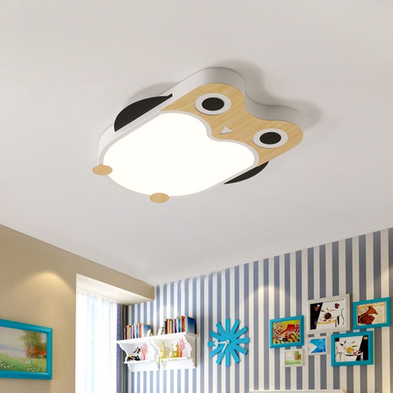Owl Thin Iron Ceiling Light Cartoon White/Pink/Blue and Wood LED Flush Mount Lamp for Child Room