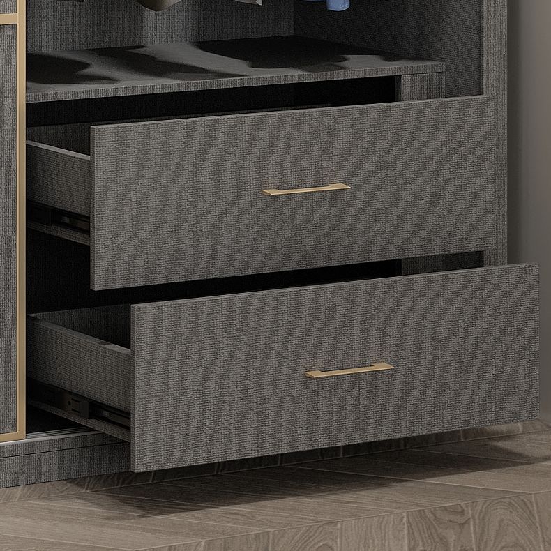 Contemporary Style Gray Colour Wardrobe Wooden Cloth Rod Included Wardrobe Closet