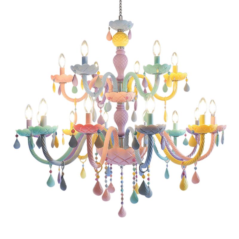 Chandelier en verre multicolore de style bougie rose pour bébé