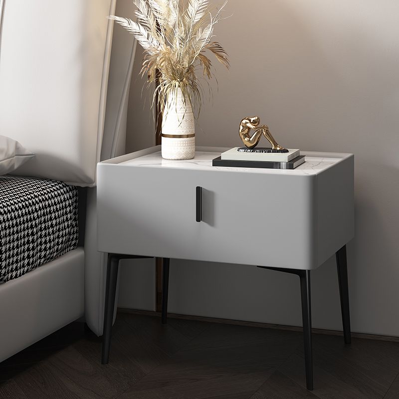 Stone Top Nightstand with 4 Legs Glam Night Table with Drawer