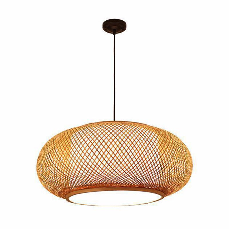 Drum Beige Down Pendant Chinese Bamboo Hanging Ceiling Light with 1 Light