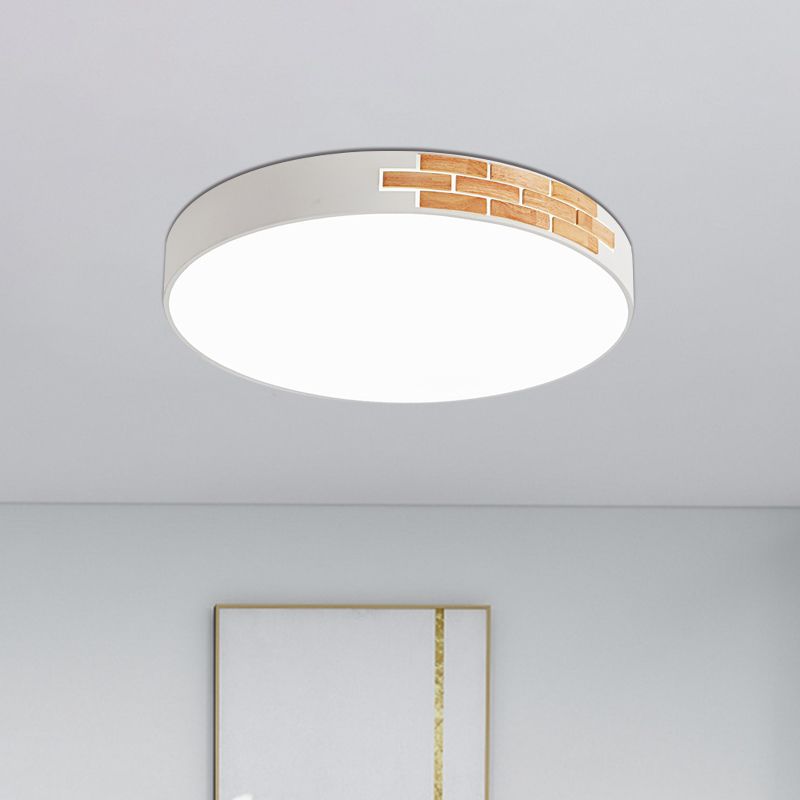 Plafonnier rond blanc et bois, luminaire LED minimaliste en métal, 16"/19.5"/23.5" de diamètre