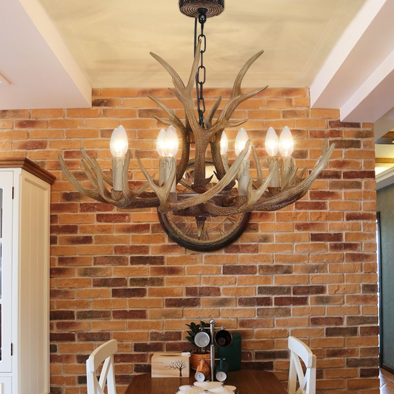 Brown 4/6/8 têtes CHANDELIER LIGHTING RUSTIC Resin Resin Candle Suspension Lampe avec bois pour salle à manger