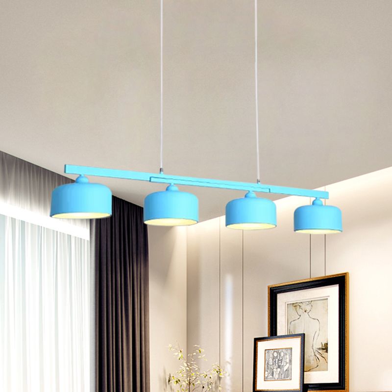 Macaron Drum Shade Hanging Chandelier Metal 4 Lights Ceiling Lamp over Dining Table