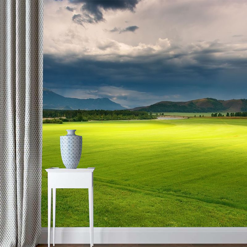 Non-Woven Waterproof Mural Modern Meadow with Moving Cloud Scenery Wall Decor in Green