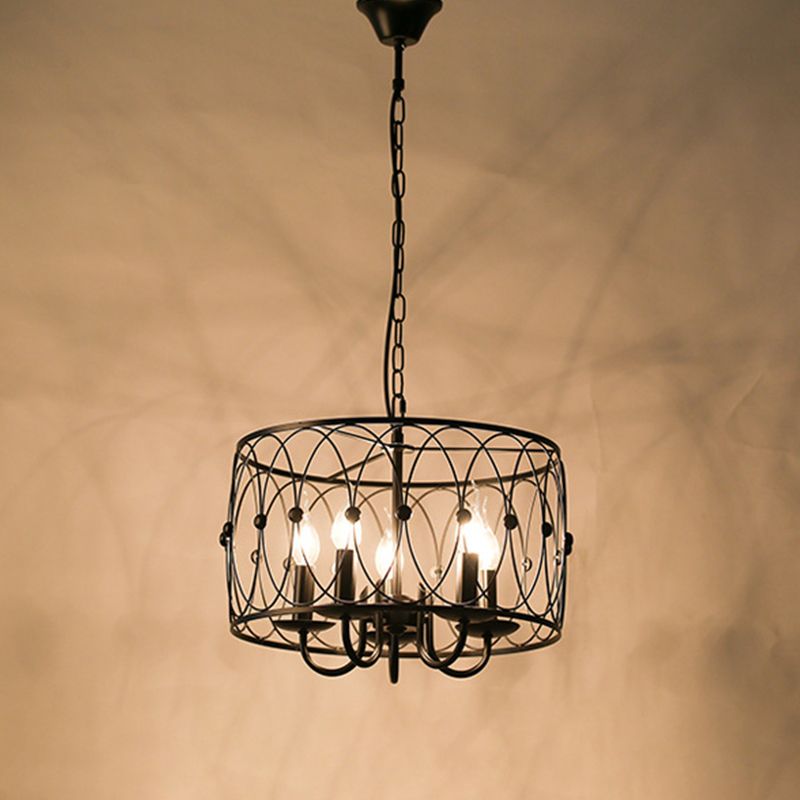 Black Drum Hanging Chandelier Rustic Style Metal 6 Heads Living Room Pendant Ceiling Light with Candle Design
