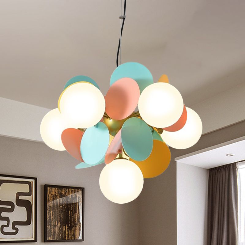 Modern Orb Ceiling Chandelier Cream Glass 6 Heads Bedroom Hanging Light Fixture in Green-Yellow-Pink