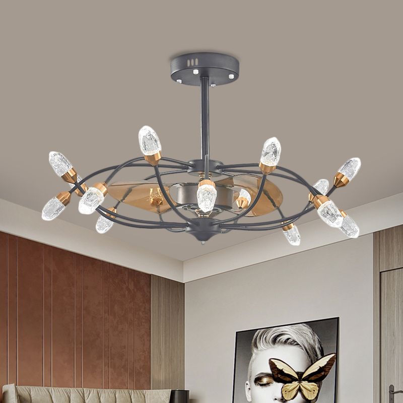 Black 15 têtes Semi Flush Traditional Bubble Crystal Shade Bent Arm Arm Pendante Fans Fan Lampe avec 3 lames, 35,5 "de largeur