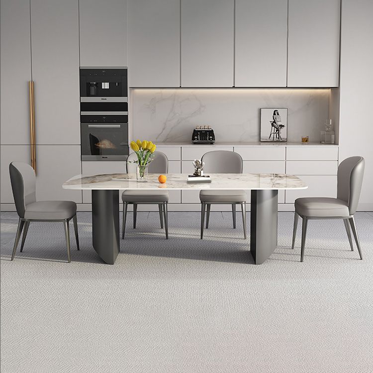 White Stone Top Dining Table Rectangular Tabletop with Metal Double Pedestal Base