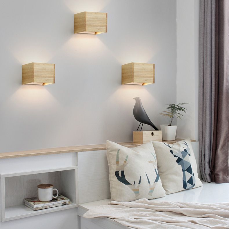 Nordic Style Wood Wall Light Cube Shape 4.5" Wide Wall Sconce for Bedroom
