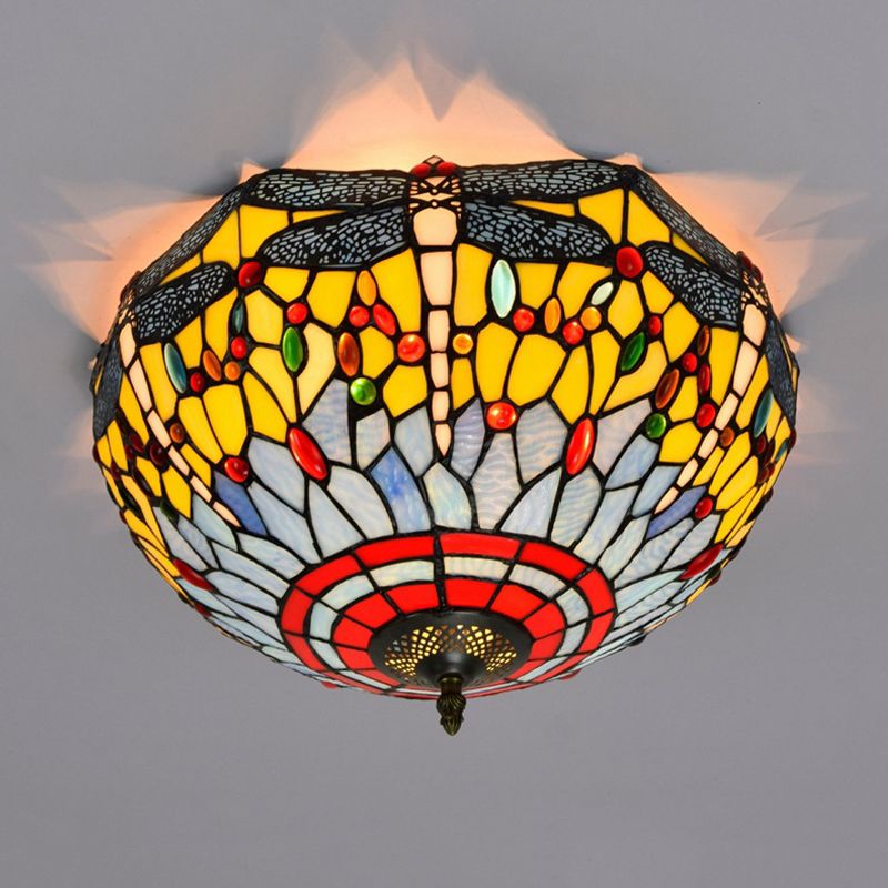3 Heads Living Room Ceiling Mounted Fixture Tiffany Red/Yellow/Orange Flush Mount Lamp with Dragonfly Stained Glass Shade