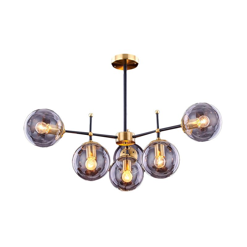Globe Ceiling Mount Chandelier Vintage Smoke Glass 6-Light Living Room Semi Flush Light Fixture in Black-Brass