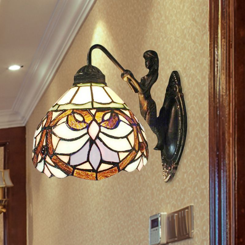 Victorian Dome Wall Light Fixture 1 Head Beige Glass Sconce Light with Flower Pattern