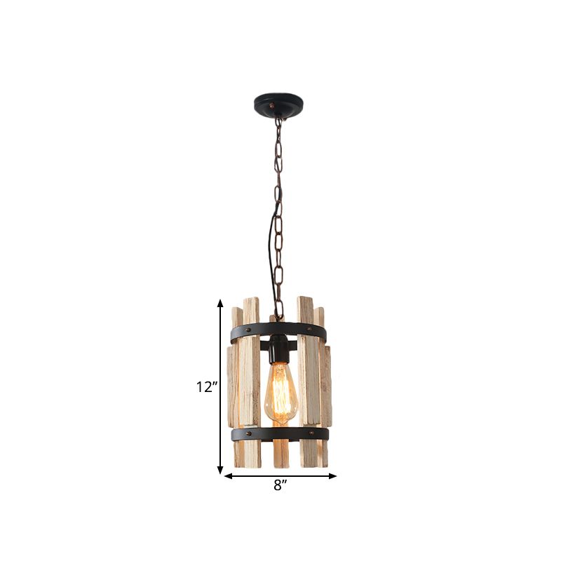 Round Metallic Pendant Lamp Rustic 1 Bulb Parlor Suspension Lamp with Cylindrical Wooden Frame in Wood/White