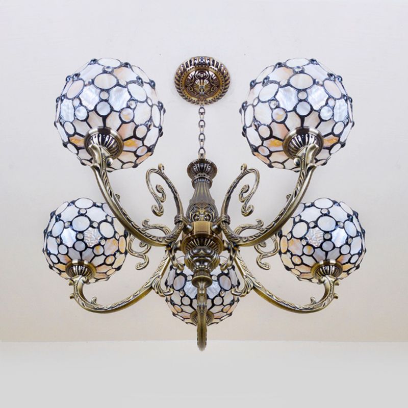 Lodge Bowl-Shaped Hanging Pendant Stained Glass 5 Lights Chandelier with Chain in White