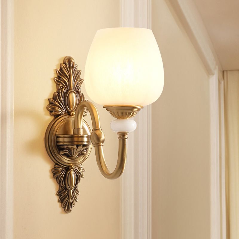 Metal Brass Wall Sconce Fixture Gooseneck 1/2-Light Vintage Stylish Wall Lamp with White Glass Bowl Shade