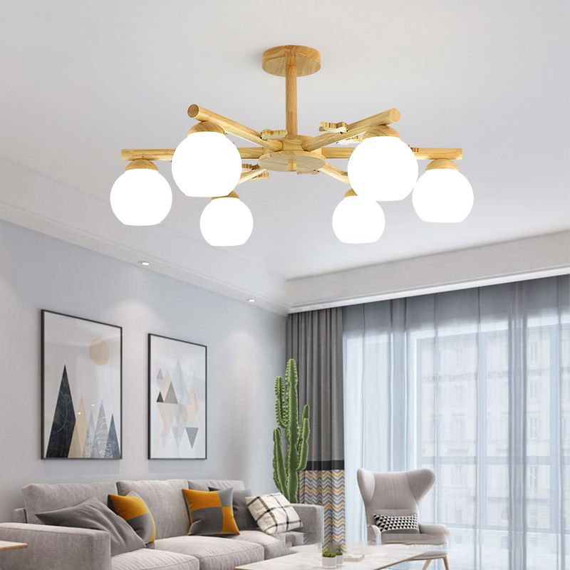 Moderne stijl houten kroonluchter witte bol glazen schaduw hangende verlichting armatuur voor salon