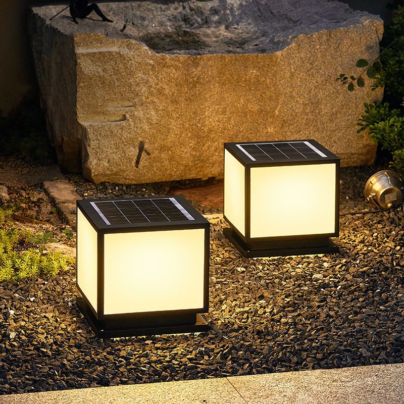 Metal Square Shape Pillar Lamp Modern Style 1 Light Solar Outdoor Light in Black