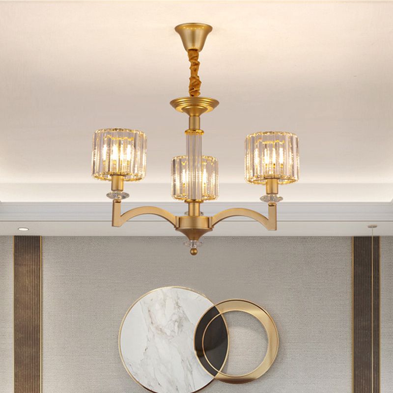 Drum Clear Crystal Ceiling Chandelier Modern 3/8 Heads Gold Suspended Lighting Fixture for Parlor