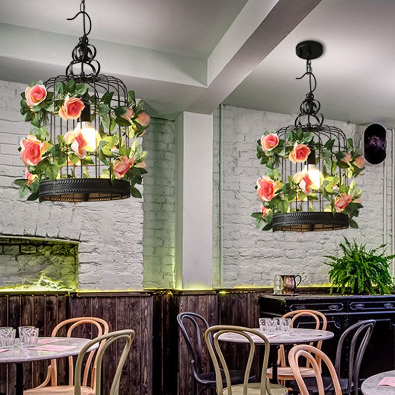 Black 1 Bulb Ceiling Light Industrial Metal Birdcage LED Pendant Lamp with Flower Decoration