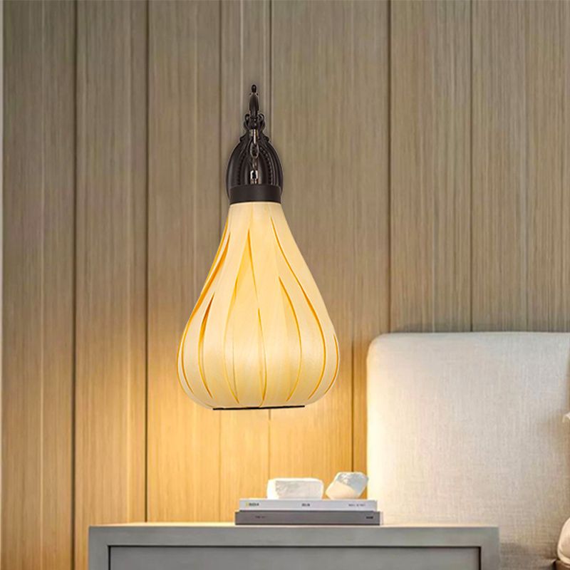 Japanese 1 Bulb Sconce Light Beige Teardrop Wall Mounted Lighting with Wood Shade