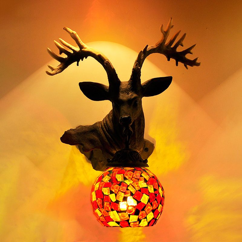 1 Light Wall Lighting Mediterranean Globe Stained Glass Sconce Light in Silver/White/Beige with Deer Head Deco