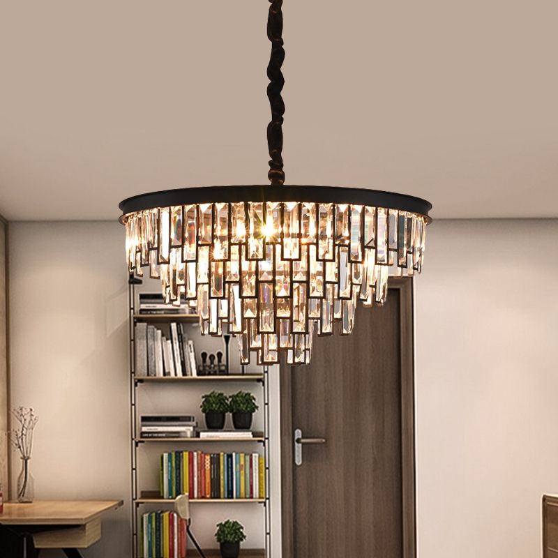6 Heads Tapered Chandelier Modern Gold/Black Clear Rectangular-Cut Crystals Embedded Hanging Lighting