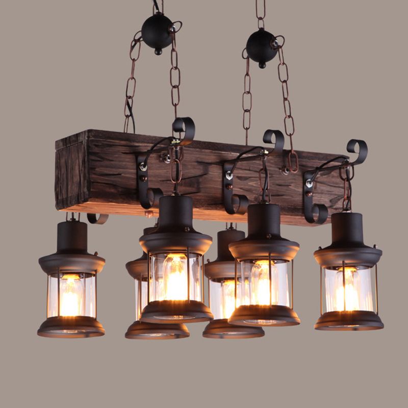 Rectangular Shape Pendant Light Modern Style Wood 6 Lights Hanging Lamp in Brown