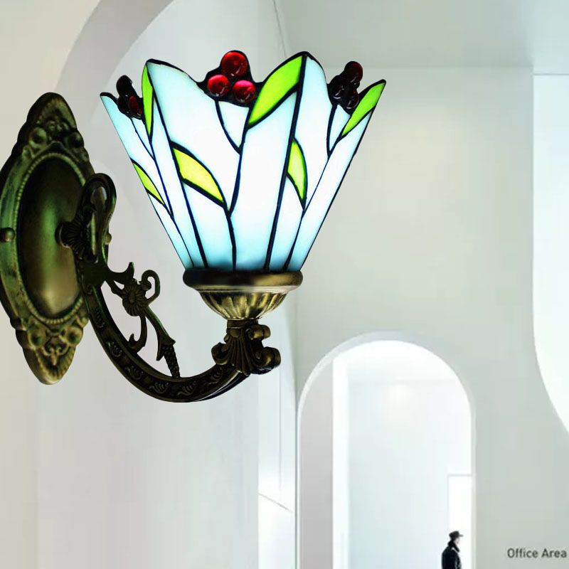 Stained Glass Flower and Leaf Wall Light 1 Head Antique Tiffany Wall Sconce in Blue for Kitchen