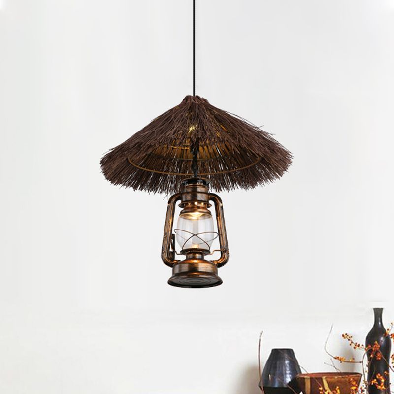 Ratán tejido a mano Light Lodge Style 1 Lámpara colgante de color marrón claro con sombra de linterna para comedor