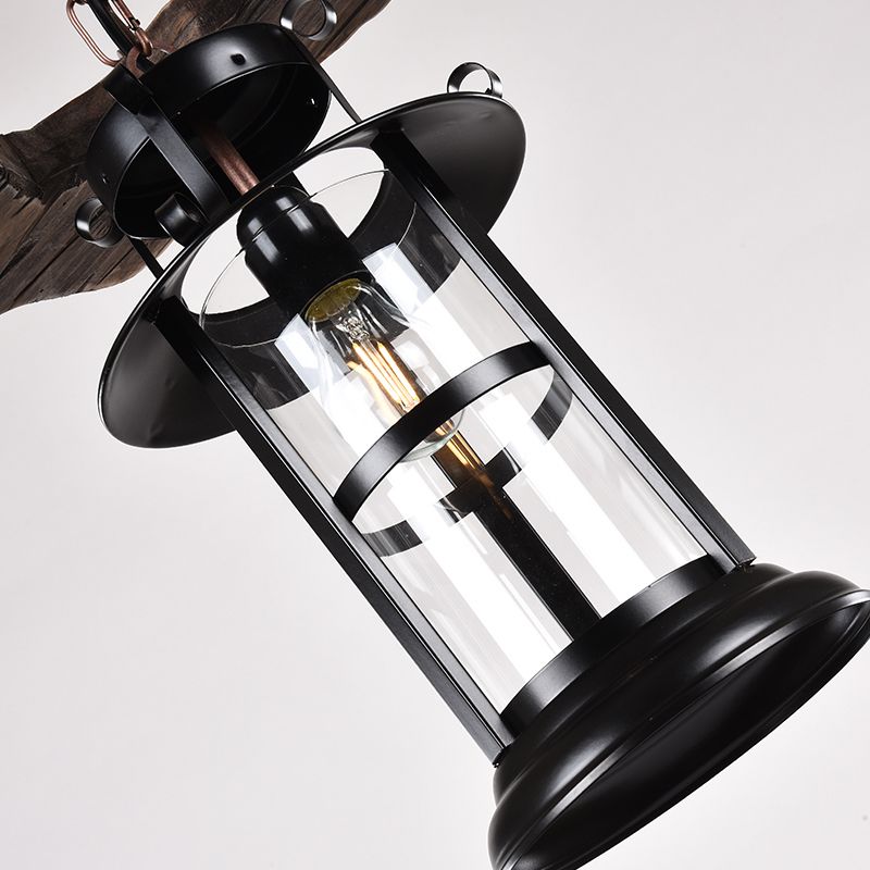 3-Light Clear Glass Chandelier Farm Style Brown Lantern Restaurant Suspension Pendant Light