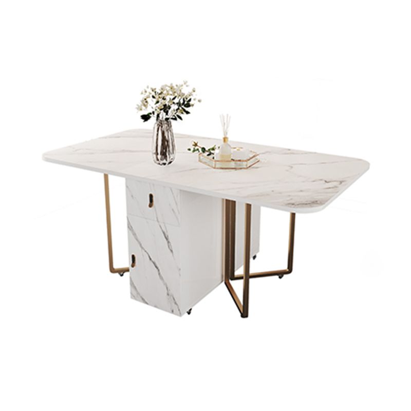 Mesa de comedor rectangular contemporánea, mesa abatible de piedra sinterizada con base de metal para comedor