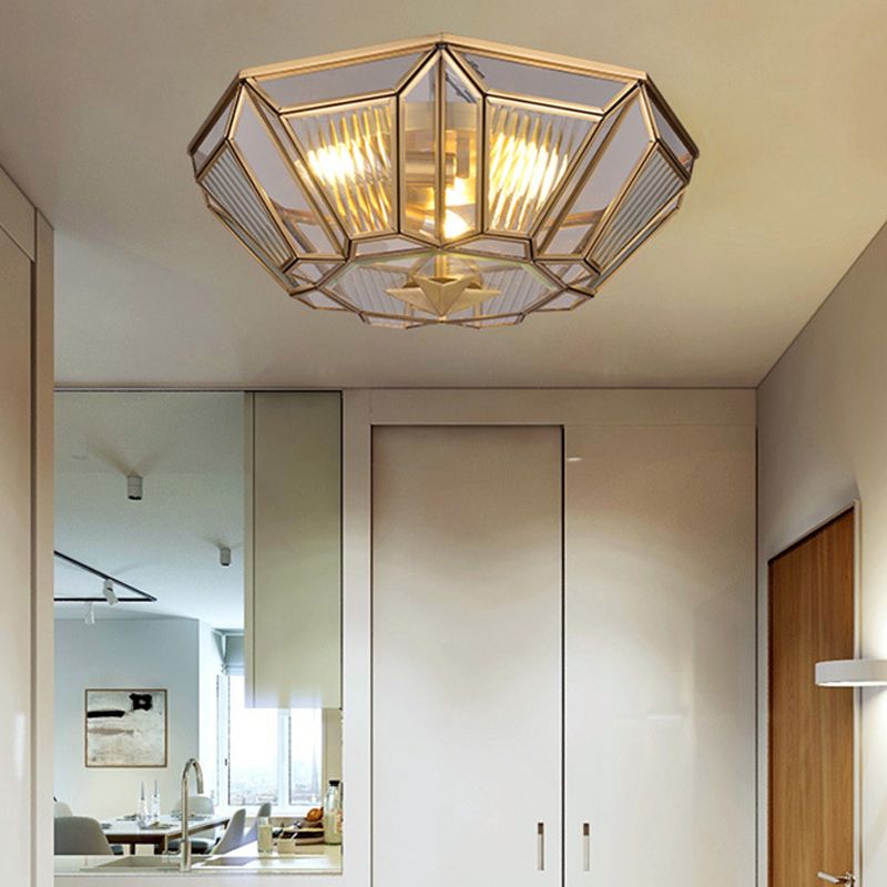 Brass Tapered Flush Mount Tradition 4 Bulbs Ribbed Glass Ceiling Light Fixture for Dining Room