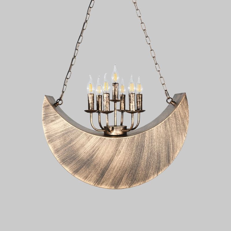Living Room Candle Hanging Light with Crescent Deco Metal 7-Light Vintage Chandelier in Legacy Brass