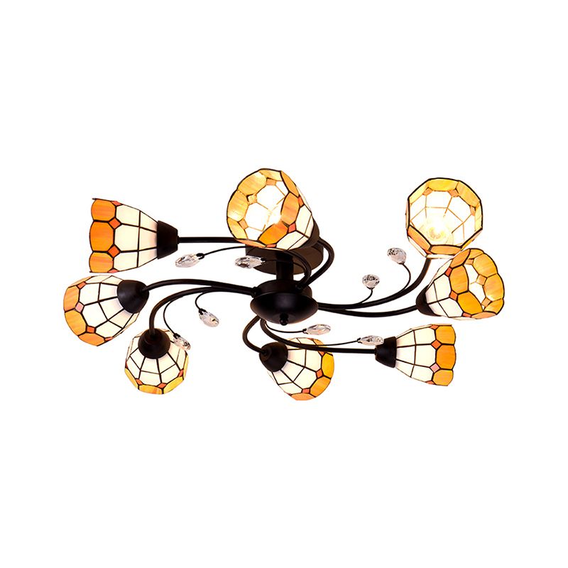 Tiffany Semi-encastré avec bras tourbillonnant et abat-jour en forme de dôme, plafonnier en verre artistique à 8 lumières, Orange/bleu, pour le salon