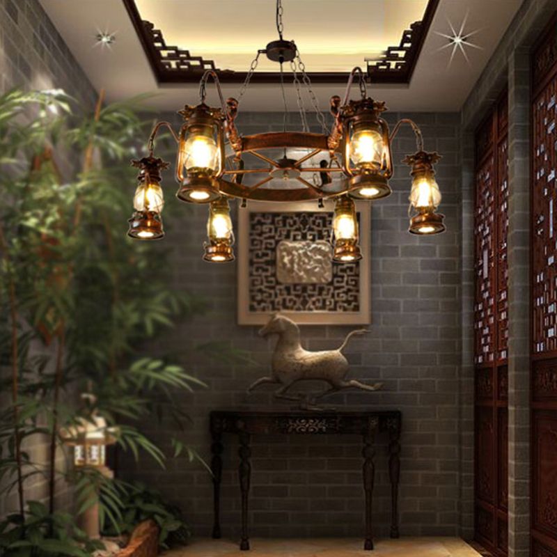 Retro Industrial Style Wheel Chandelier Glass Pendant Ceiling Lights for Restaurant