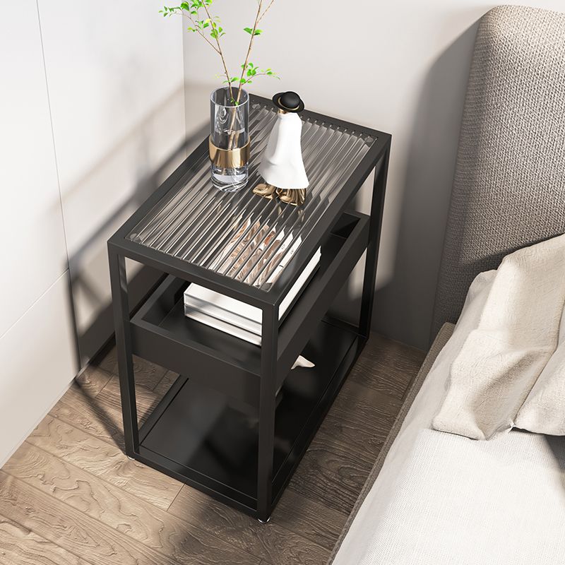 Modern Rectangular Glass Side Table Metal Frame Table with Storage