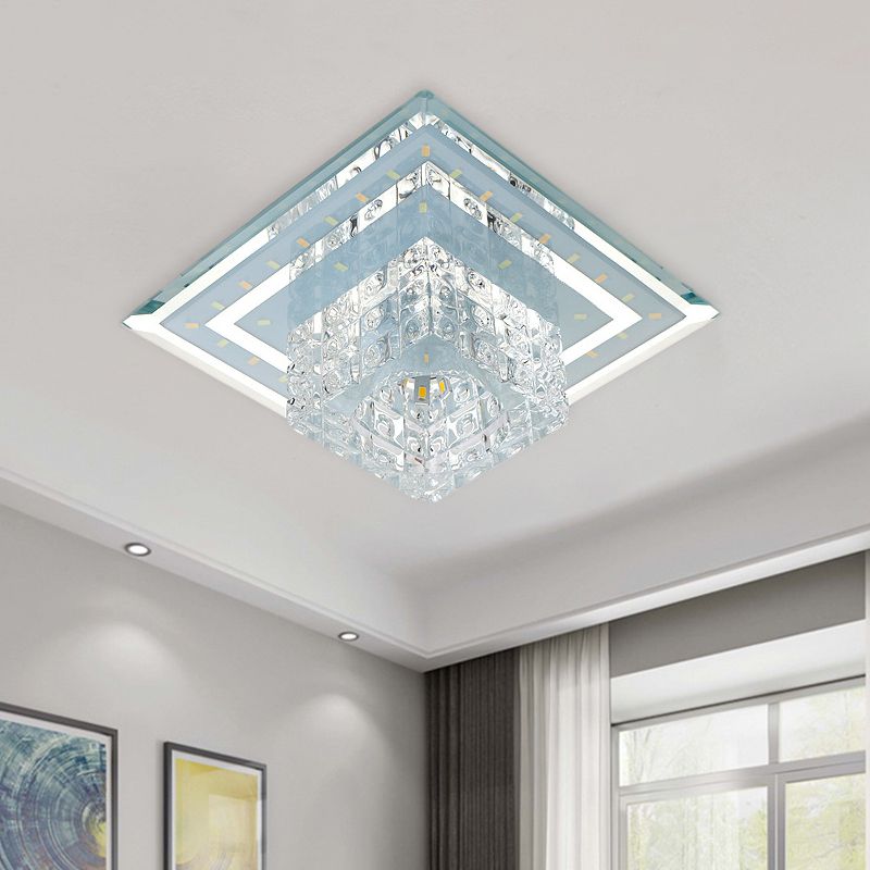 Clear Faceted Crystal Flush Light Fixture Square LED Modernist Ceiling Flush Mount in Warm/White/Multi Color Light
