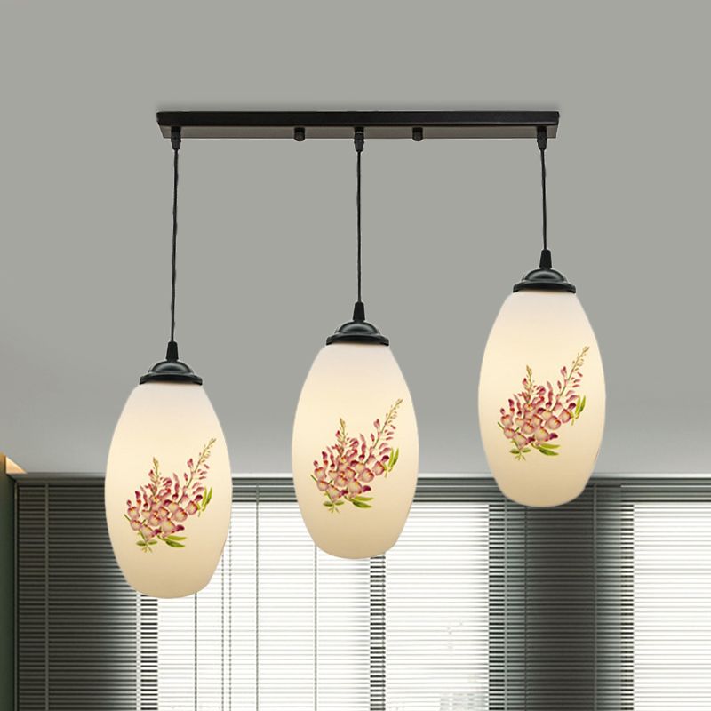 Minimalism Oval Multi Lamp Pendant 3 Heads White Frosted Glass Suspension Light in Black with Linear/Round Canopy