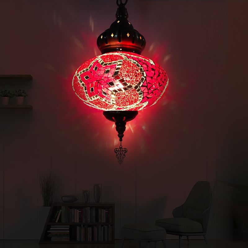 1/4 Bulbs Globe Ceiling Light Traditional Red/Orange/Blue Glass Pendant Lighting Fixture for Living Room