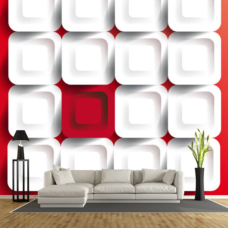 Geometry Check Wall Mural Decal Modern Style Non-Woven Wall Decor in White on Red