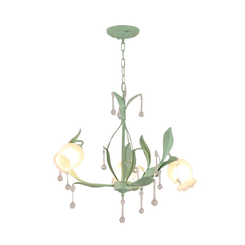 Korean Garden Floral Chandelier Light 3/6/8 Bulbs Opaline Glass LED Pendant Lighting in Pink/Green for Living Room