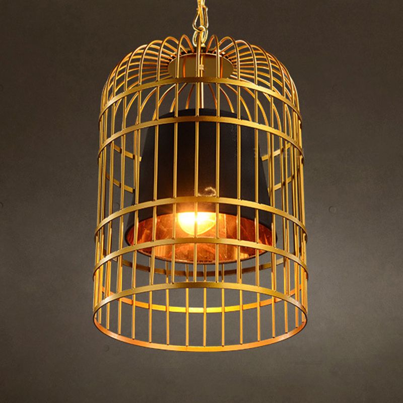 Golden Birdcage Design Metal Suspension Light Fabric Shade Creative Lighting Fixture with 35.5" Adjustable Hanging Chains