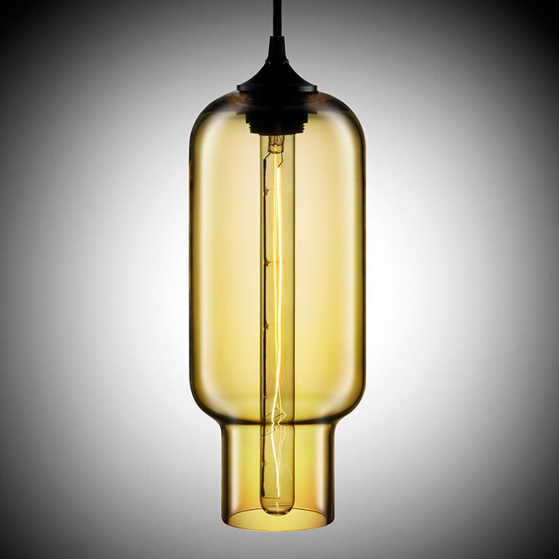 1 Bulb Cylindrical Hanging Light Industrial Clear/Blue/Amber Glass Ceiling Pendant Lamp for Restaurant